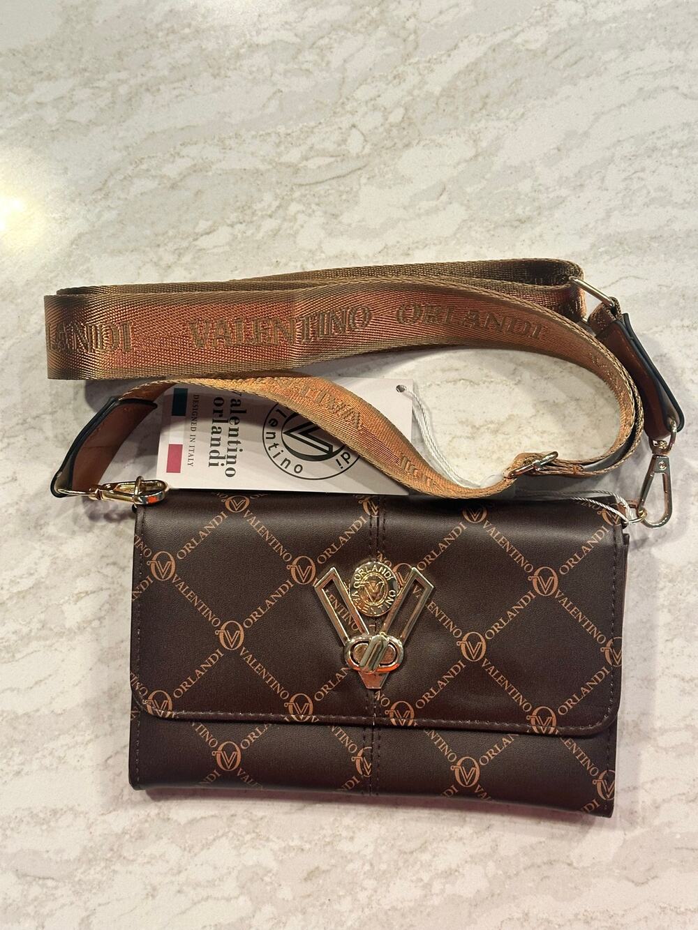 NWT Valentino Orlandi Brown Logo Crossbody Wallet Clutch Removable Strap $159